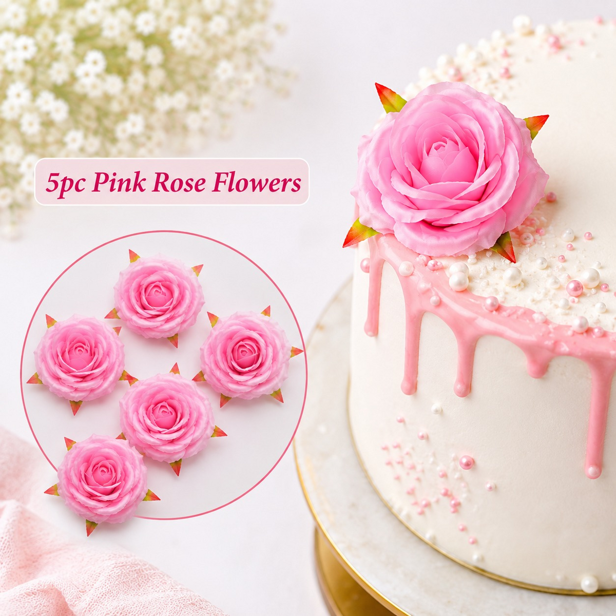 5 Pc Pink Artificial Rose Flowers