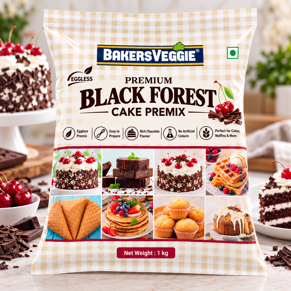 BakersVeggie Eggless Premium Black Forest Cake Premix – 1 Kg