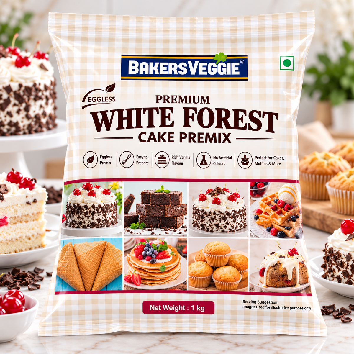 BakersVeggie Eggless Premium White Forest Cake Premix – 1 Kg