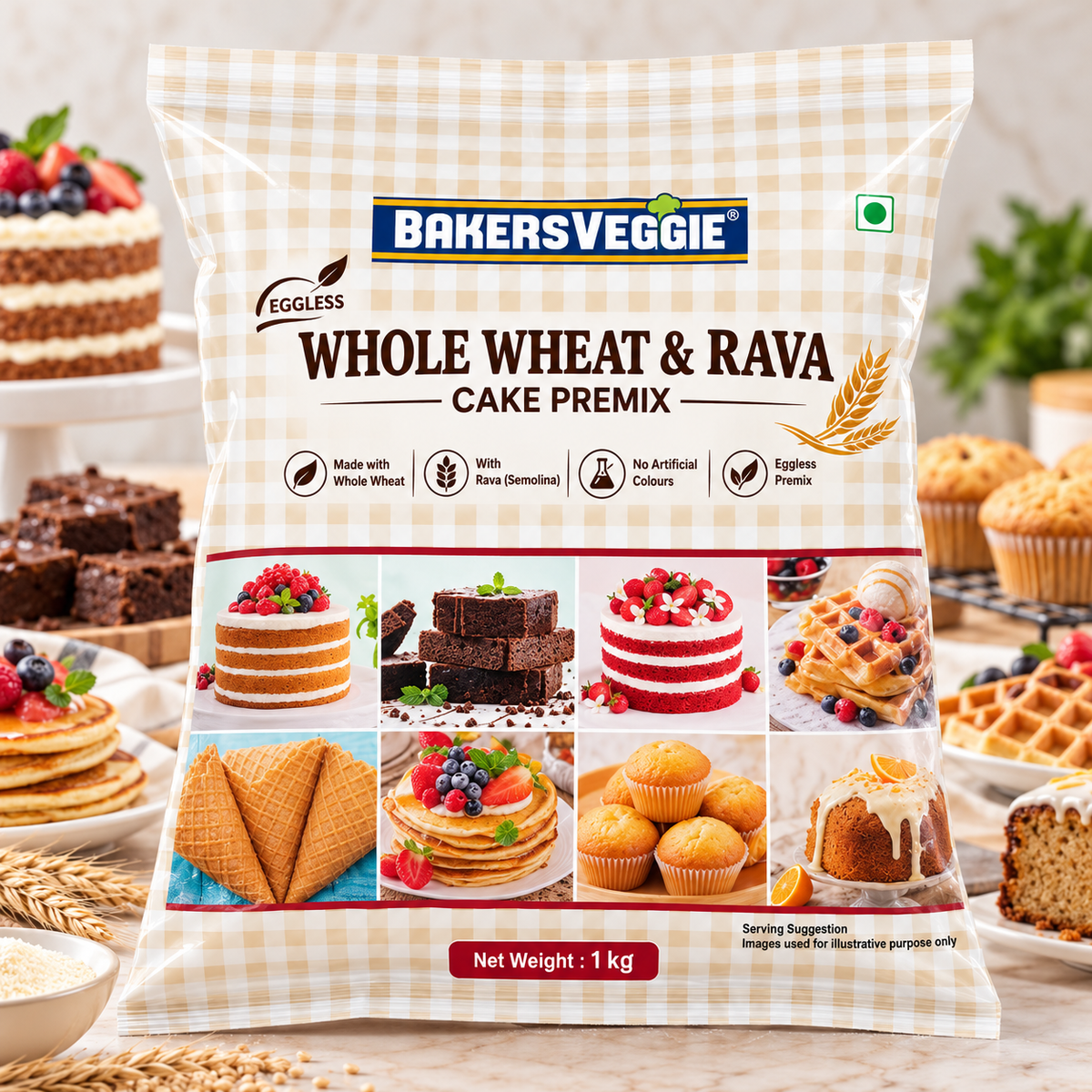 BakersVeggie Eggless Whole Wheat & Rava Cake Premix – 1 Kg