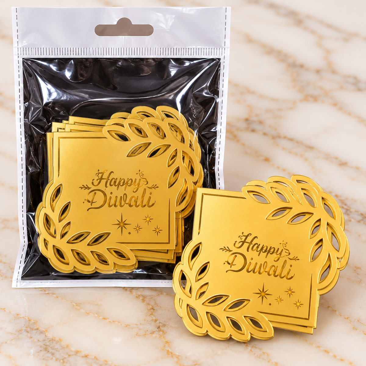 Golden Happy Diwali Acrylic Cutout – Leaf Design Decorative Shape
