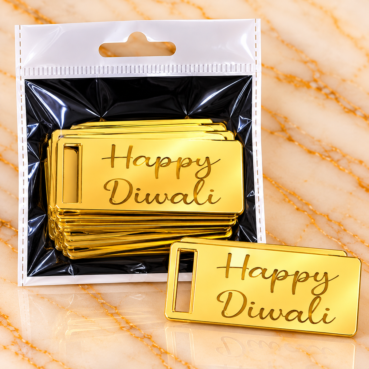 Golden Happy Diwali Acrylic Cutout – Rectangular Tag Shape (Pack of 10 Pcs)