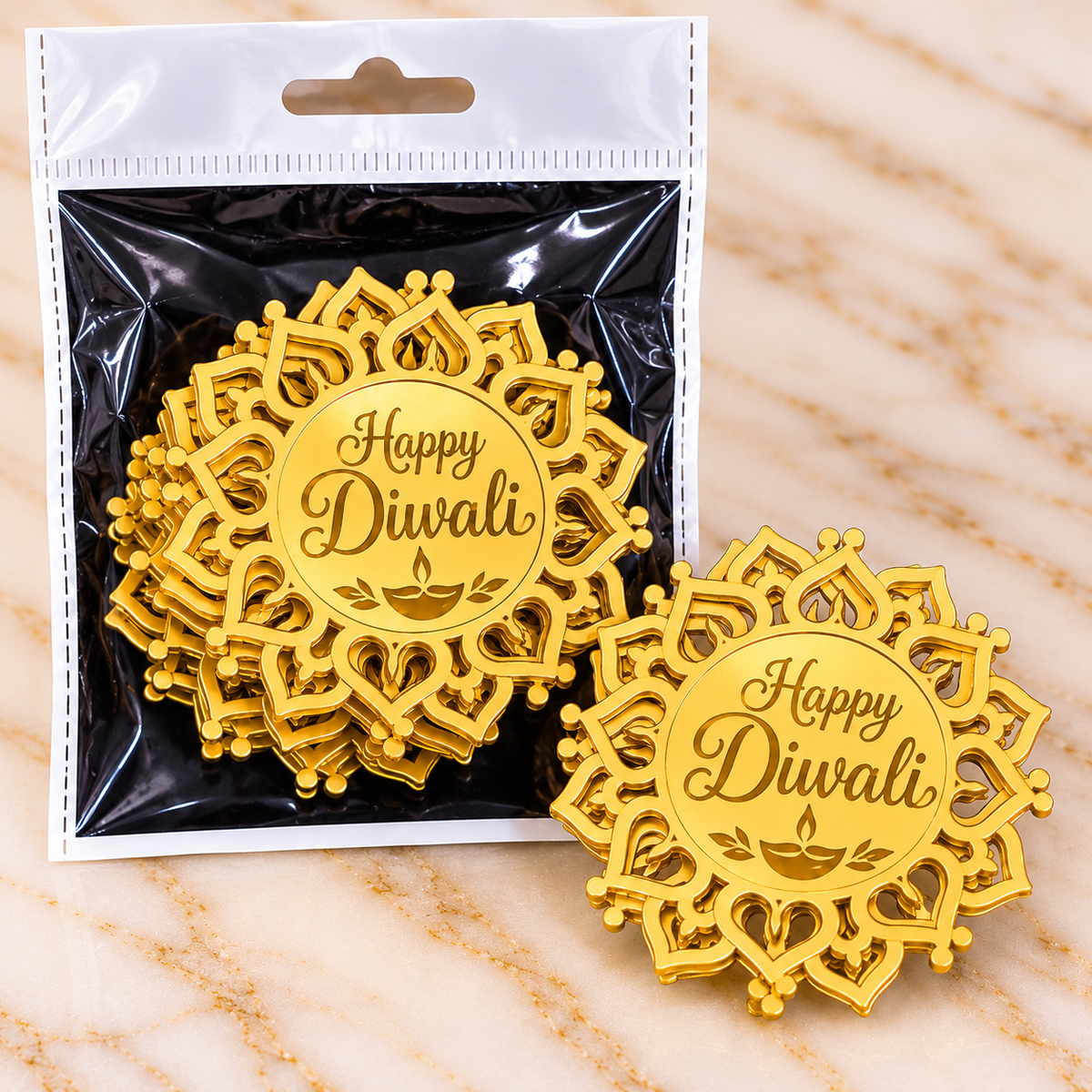 Golden Happy Diwali Acrylic Cutout – Round Mandala Shape (Pack of 10 Pcs)