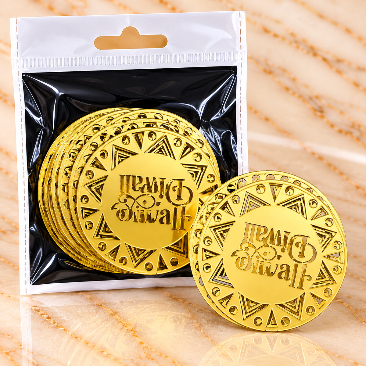 Golden Happy Diwali Acrylic Cutout – Round Shape with Geometric Border (Pack of 10 Pcs)