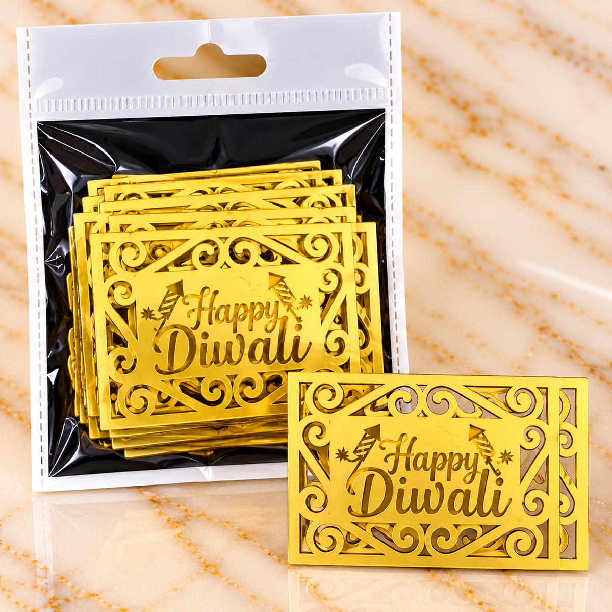 Golden Happy Diwali Acrylic Cutout – Square Shape with Decorative Scroll Design (Pack of 10 Pcs)