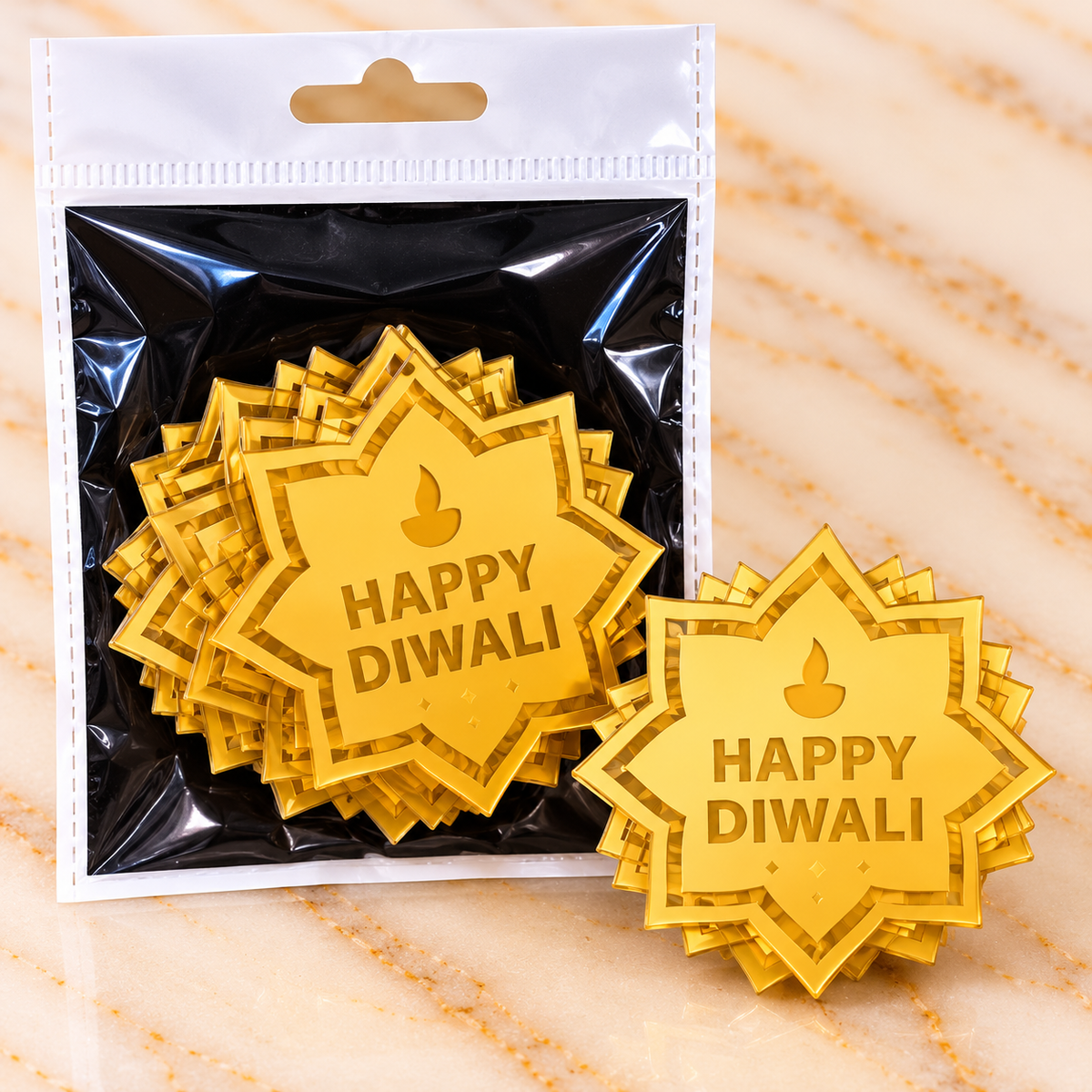 Golden Happy Diwali Acrylic Cutout – Round Shape with Diya Design (Pack of 10 Pcs)