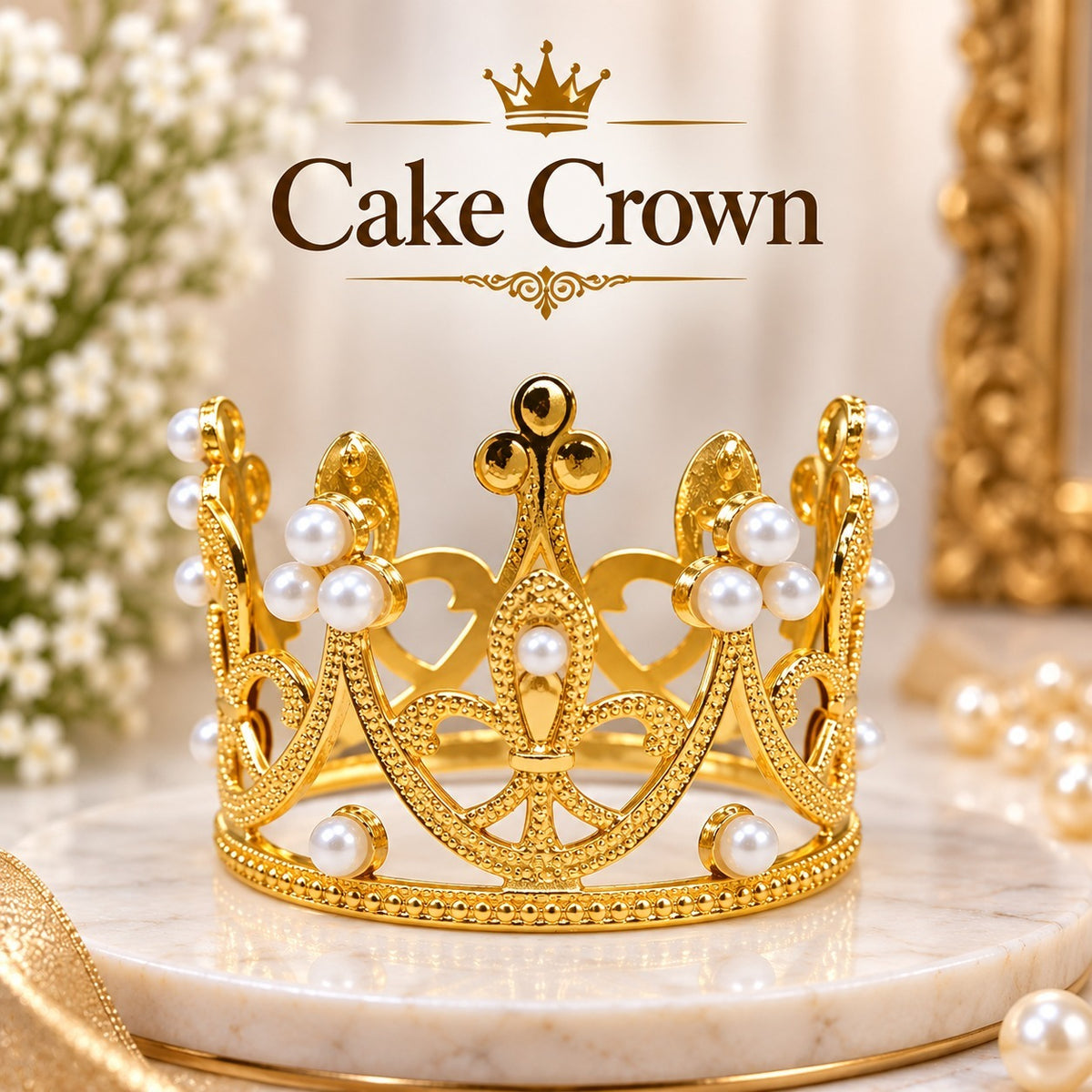 Golden Pearl Cake Crown – Elegant Cake Decoration