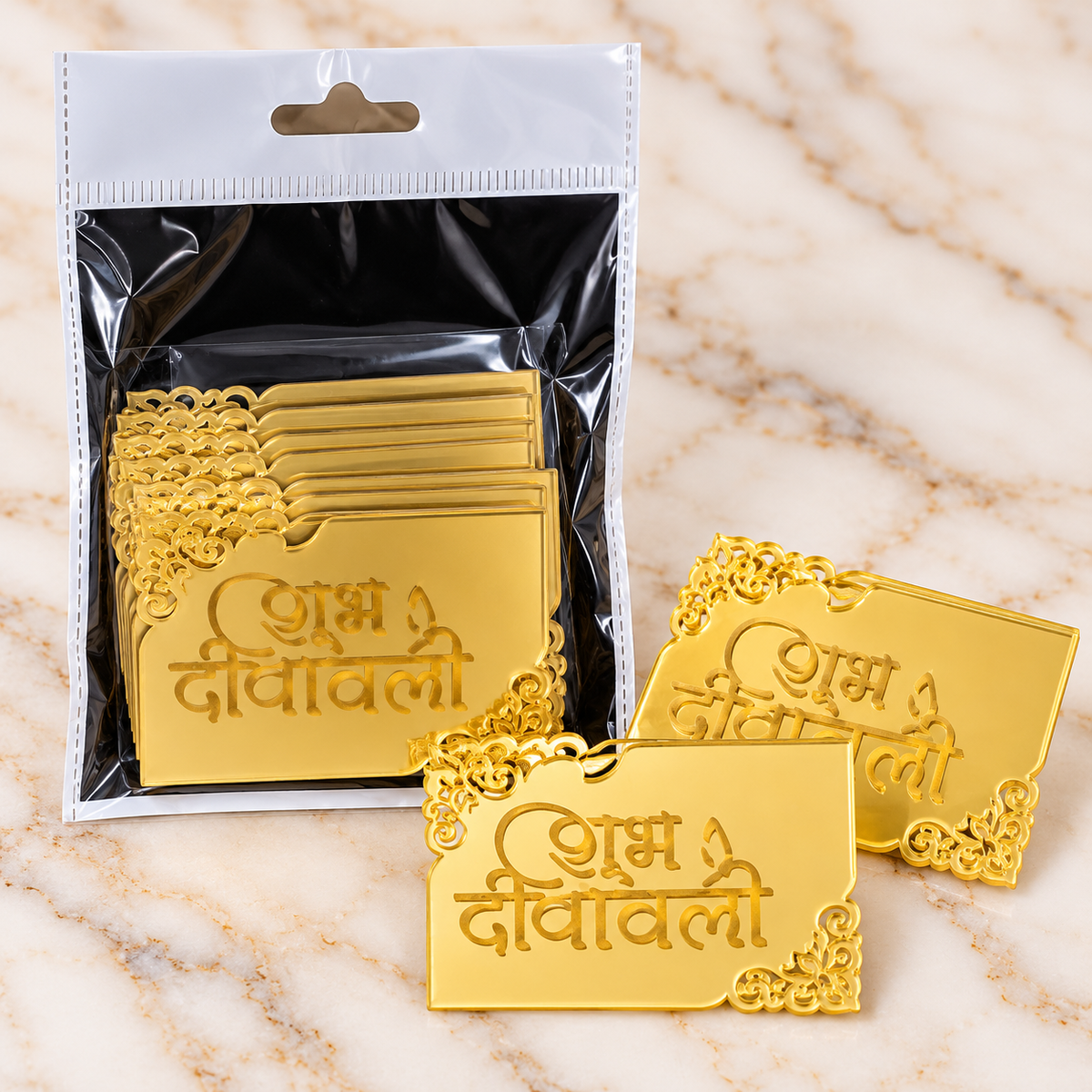 Golden Shubh Diwali Acrylic Cutout – Rectangle Shape, 3 Inch (Pack of 10 Pcs)