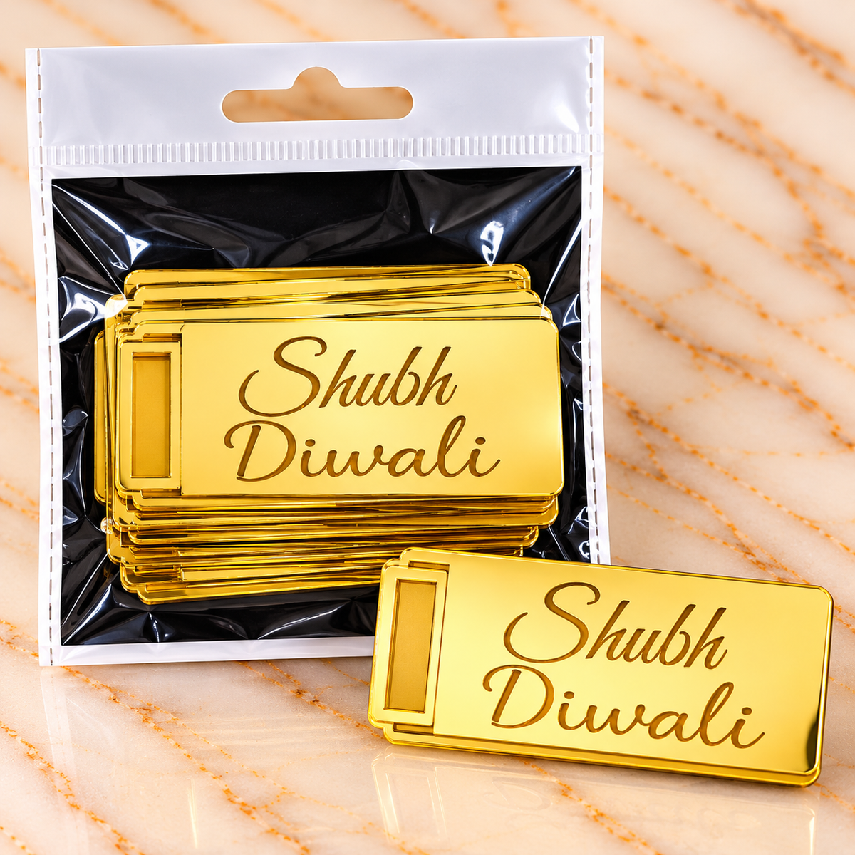 Golden Shubh Diwali Acrylic Cutout – Rectangular Tag Shape (Pack of 10 Pcs)