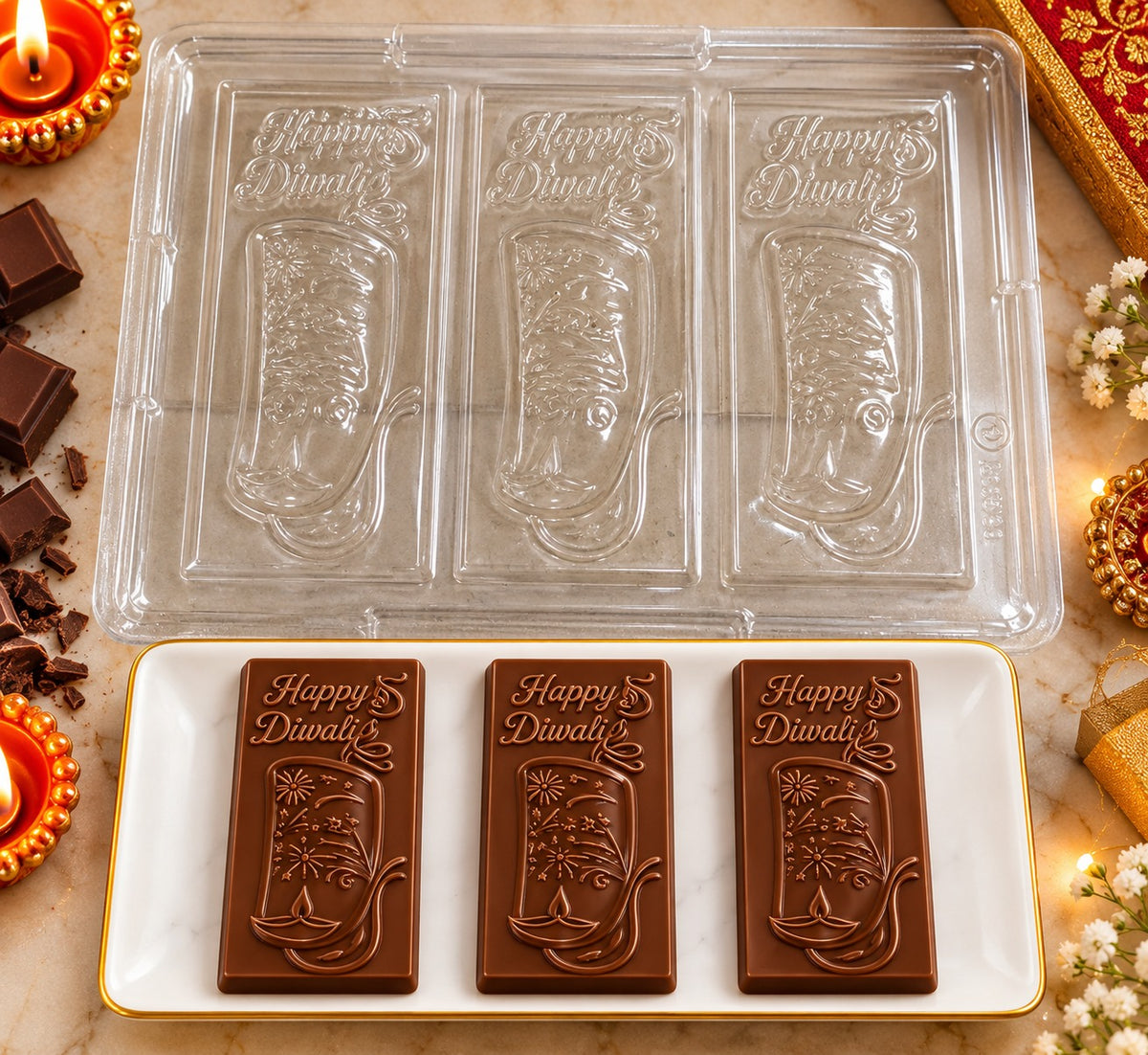 Happy Diwali Chocolate Bar PVC Mould – 3 Cavity Premium Festive Mould