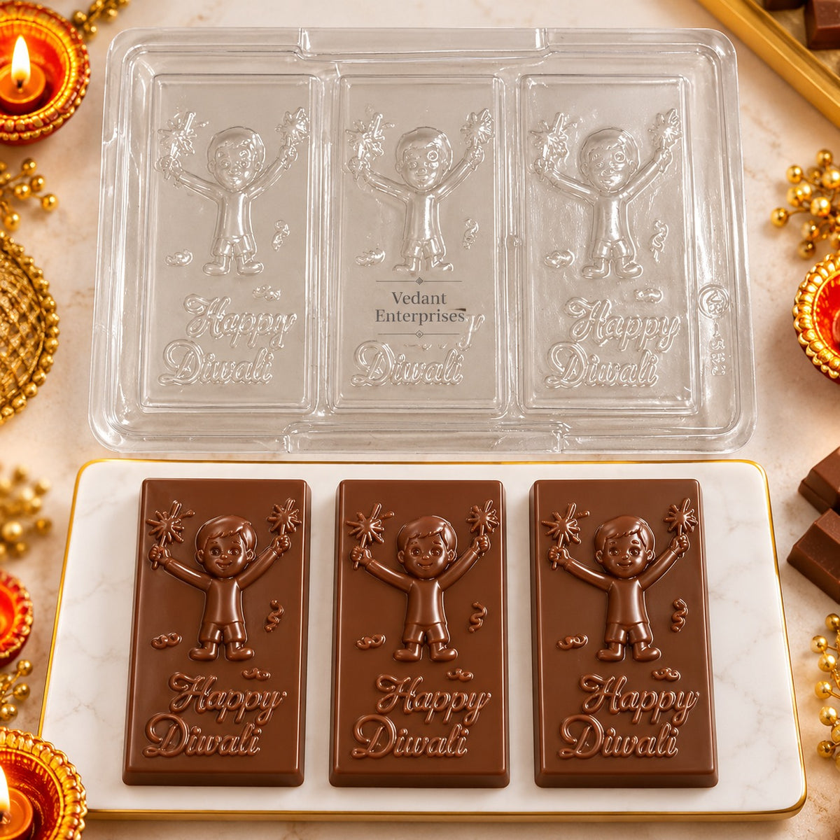 Happy Diwali Chocolate PVC Mould – 3 Cavity Festive Chocolate Mould