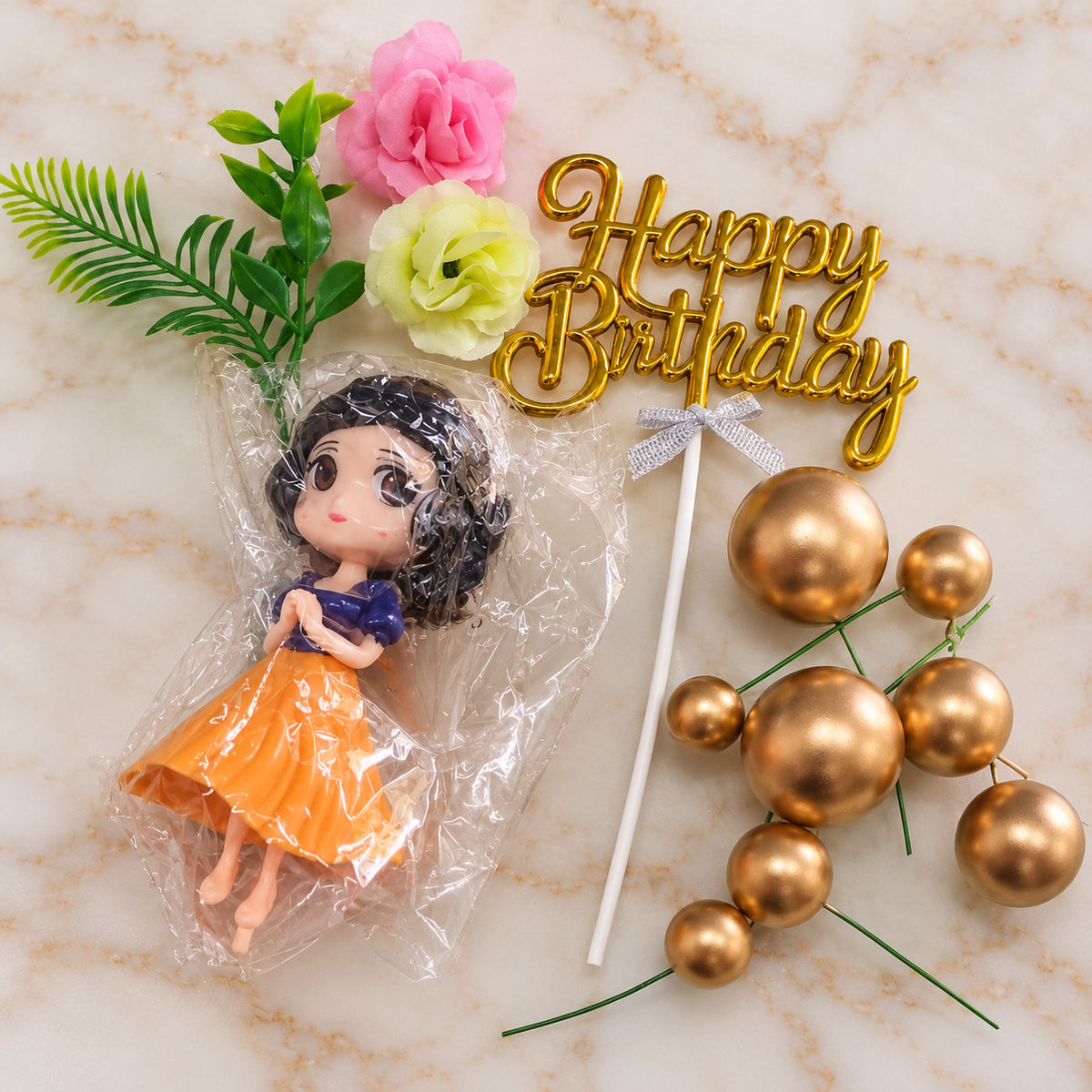 Orange Doll Birthday Cake Decoration Set with Golden Balls
