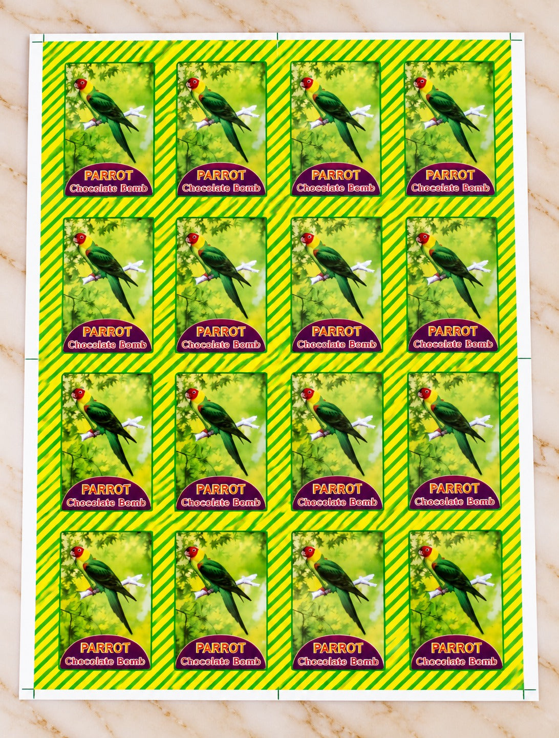🦜 Parrot Chocolate Bomb Stickers – Premium Festive Packaging Stickers