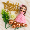 Pink Princess Doll Cake Decoration Set with Golden Happy Birthday Topper