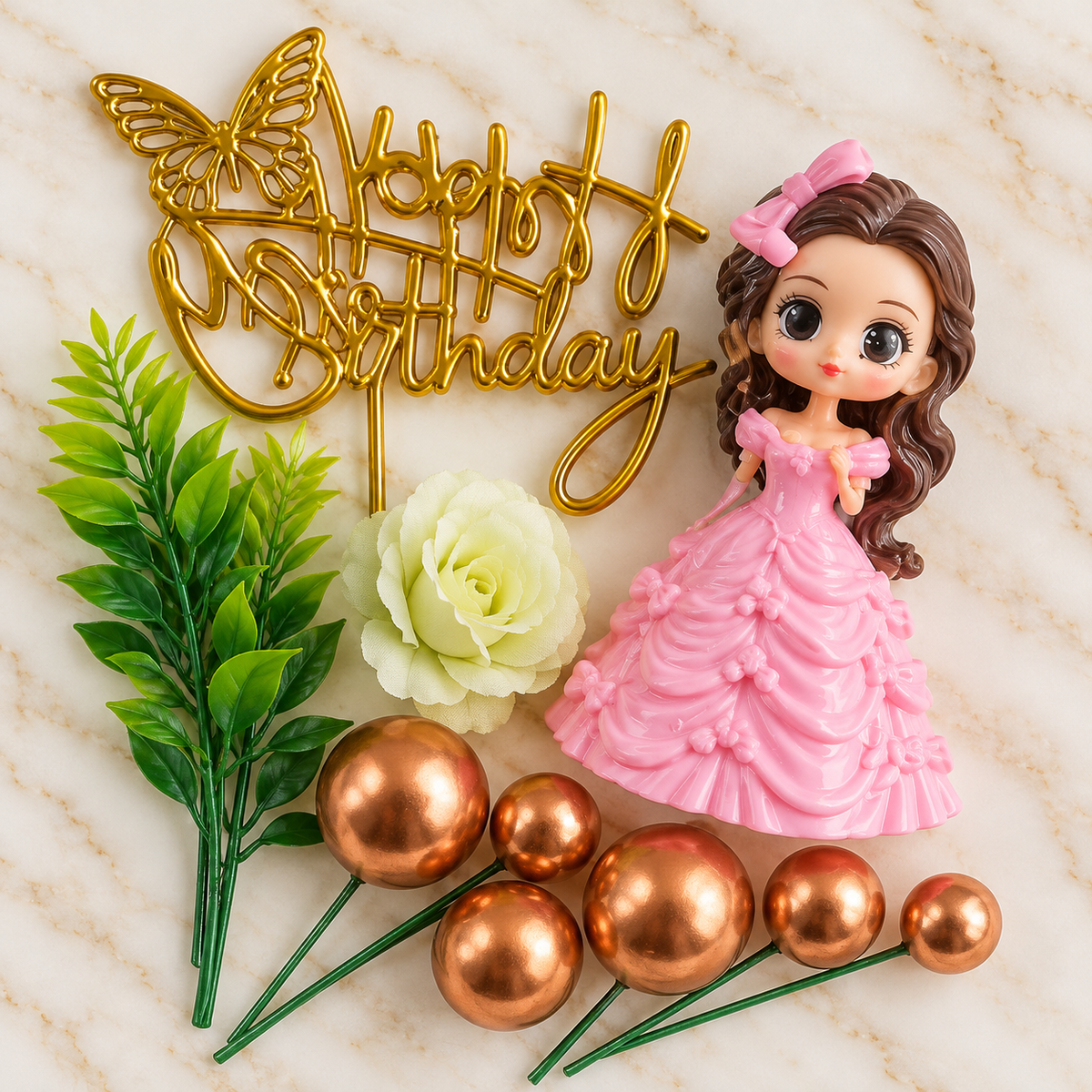 Pink Princess Doll Cake Decoration Set with Golden Happy Birthday Topper