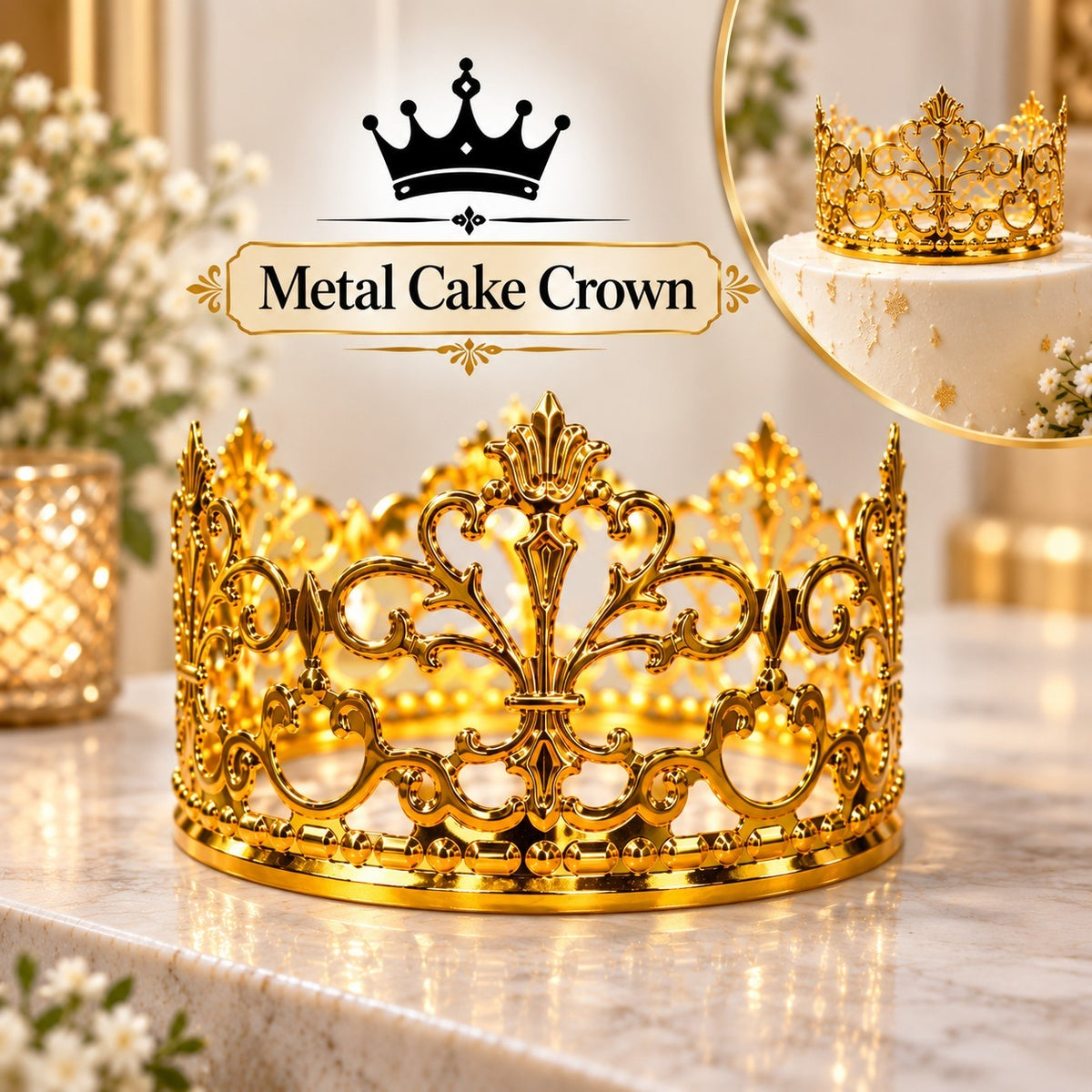 Premium Metal Cake Crown – Golden Cake Decoration