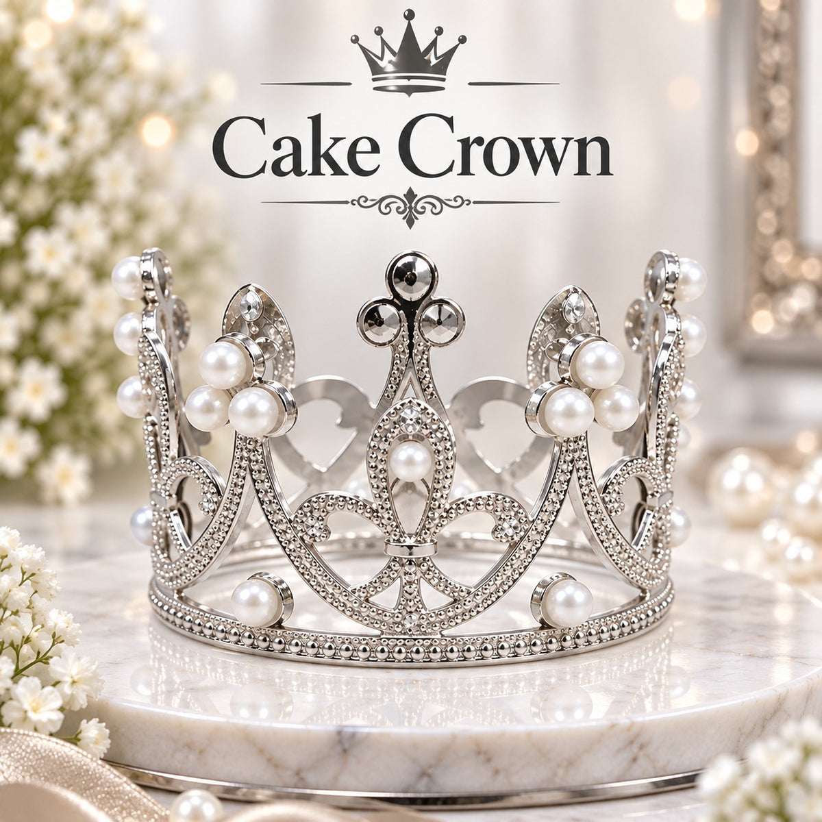 Silver Pearl Cake Crown – Elegant Cake Decoration
