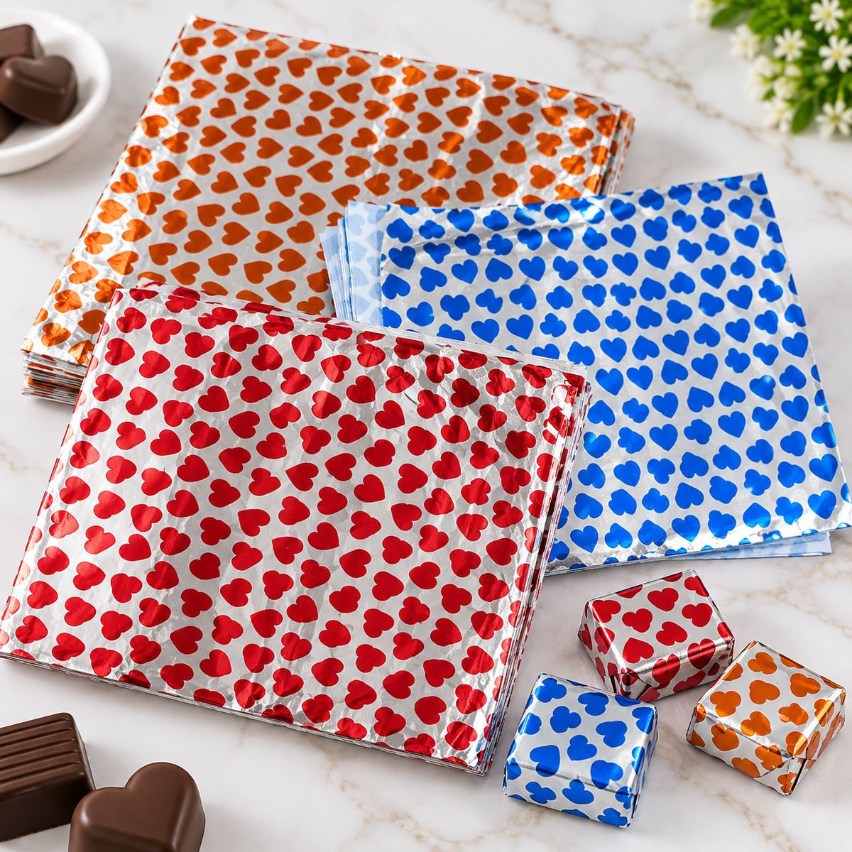 Heart Printed Chocolate Foil Wrappers – Mixed Colours | 100+ Pcs Pack