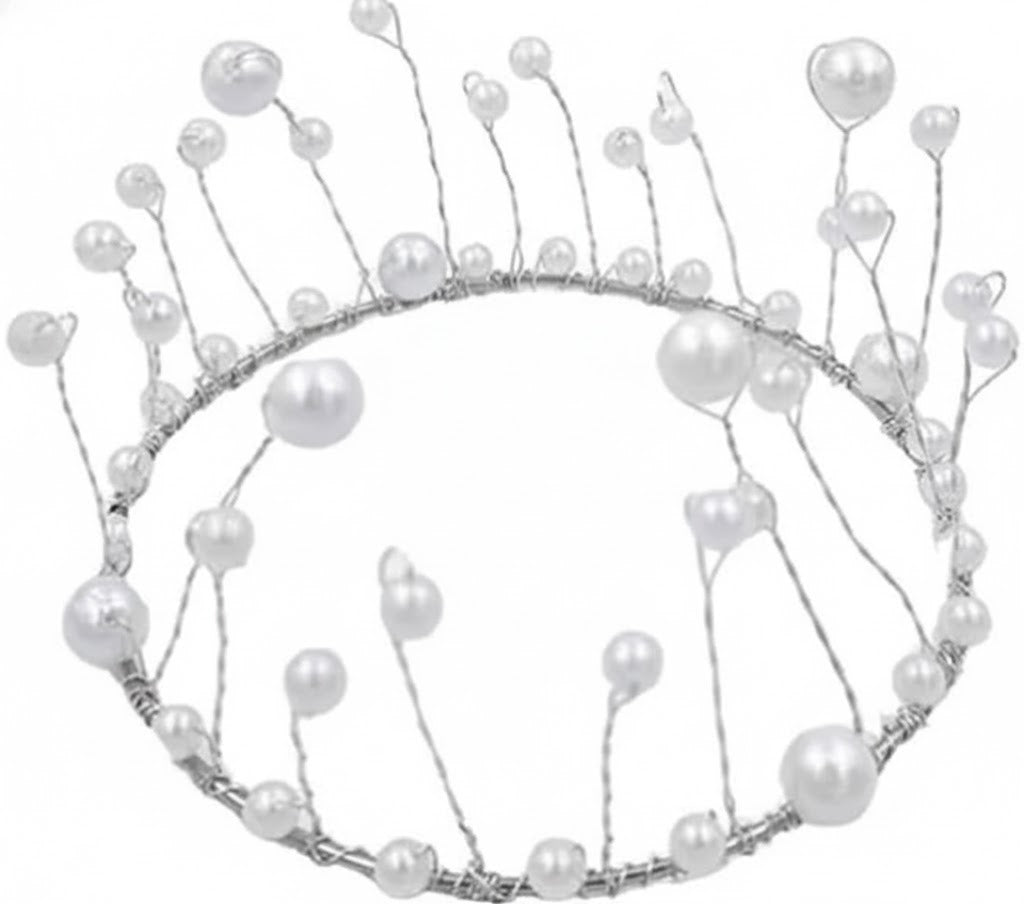 White Pearl & Silver Wire Cake Crown Topper