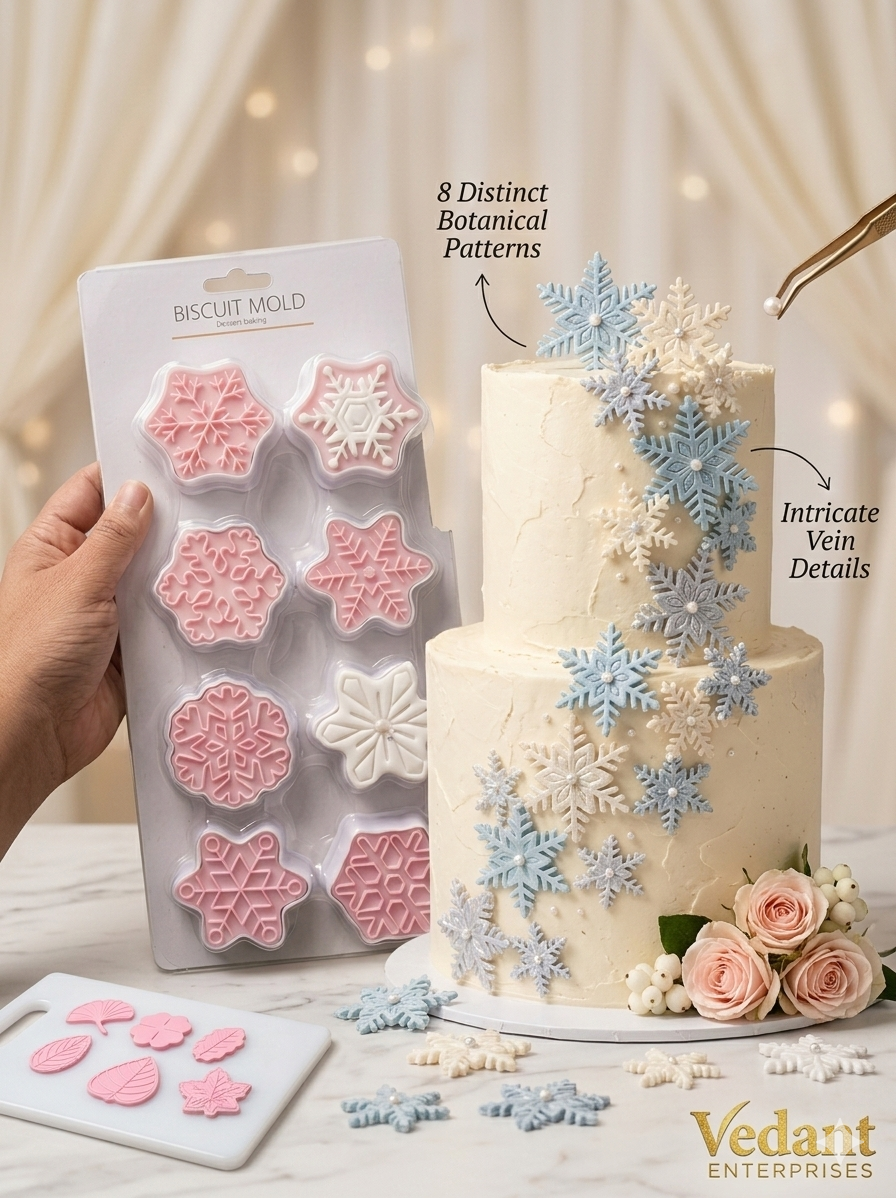 Vedant Enterprises 8-Piece Snowflake Fondant Plunger- Cuter Set – Precision Winter Wonderland Cake Decorating Tools