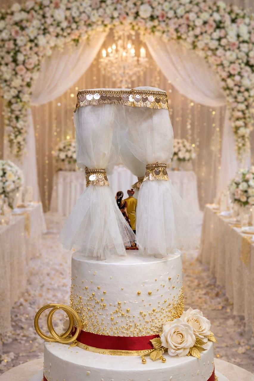Traditional Mandap Wedding Cake Topper with Miniature Couple