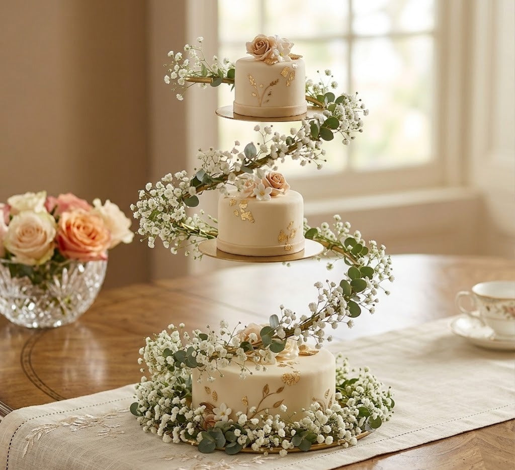 Elegant 3-Hoop Wire Tier Spiral Gold Metal Cake Stand