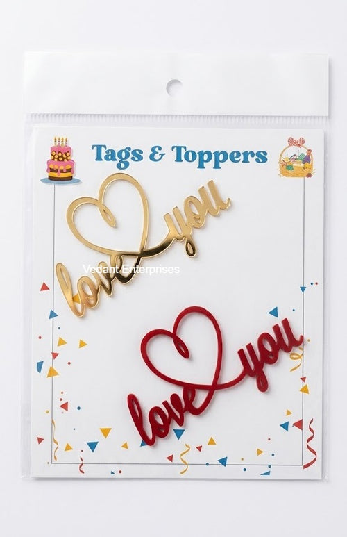 Acrylic "Love You" Cake Toppers & Tags – Set of 2 (Gold & Red)