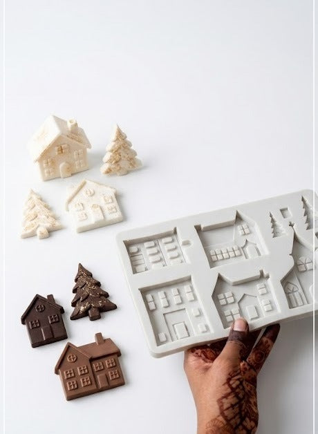 Cozy Village Houses & Christmas Trees Silicone Fondant Mould