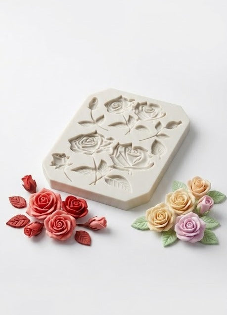 3D Assorted Blooming Roses & Leaves Silicone Fondant Mould