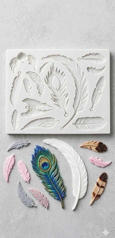 Majestic Peacock Plume & Assorted Feathers Silicone Fondant Mould