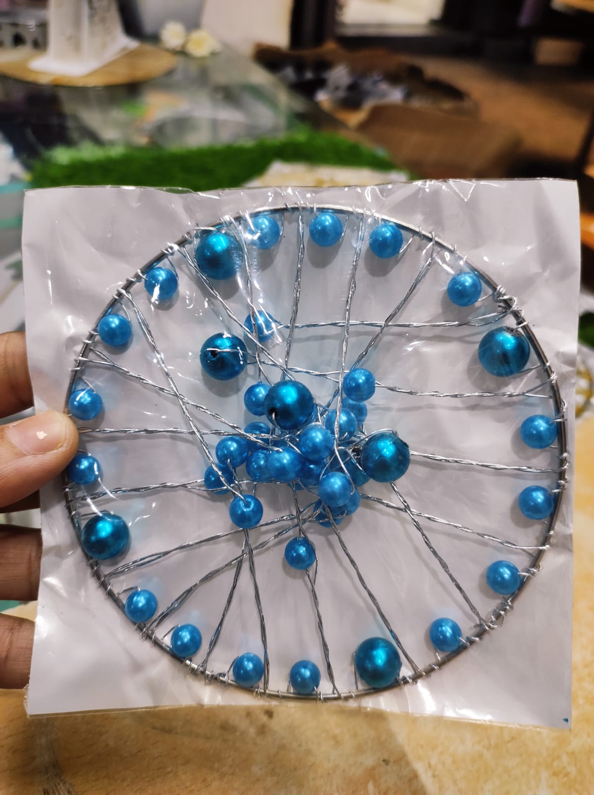Blue Pearl & Silver Wire Cake Crown Topper
