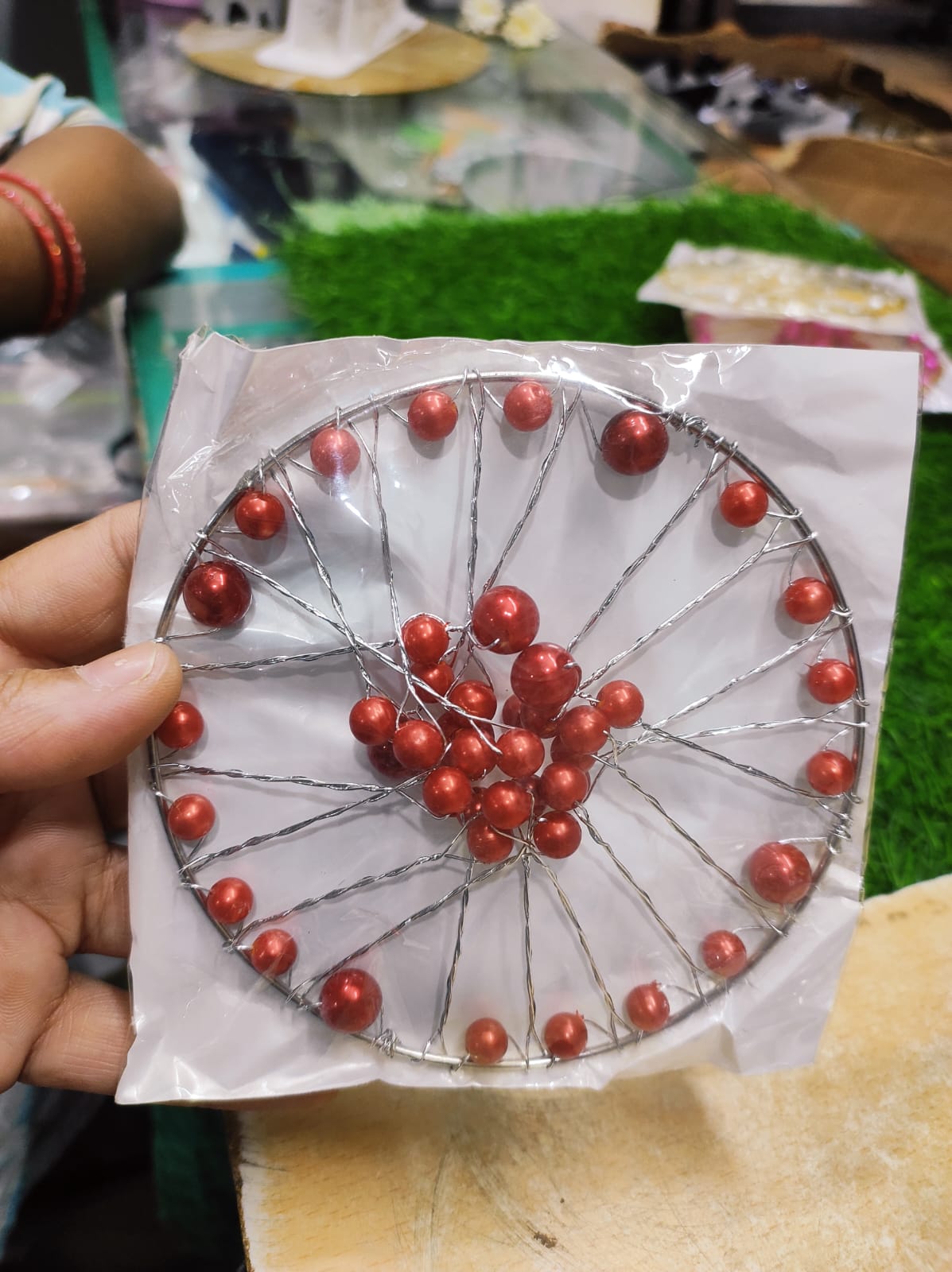 Red Pearl & Silver Wire Cake Crown Topper