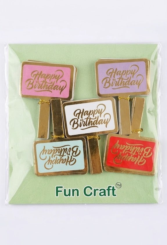 Happy Birthday Paper Cake Toppers with Gold Outline