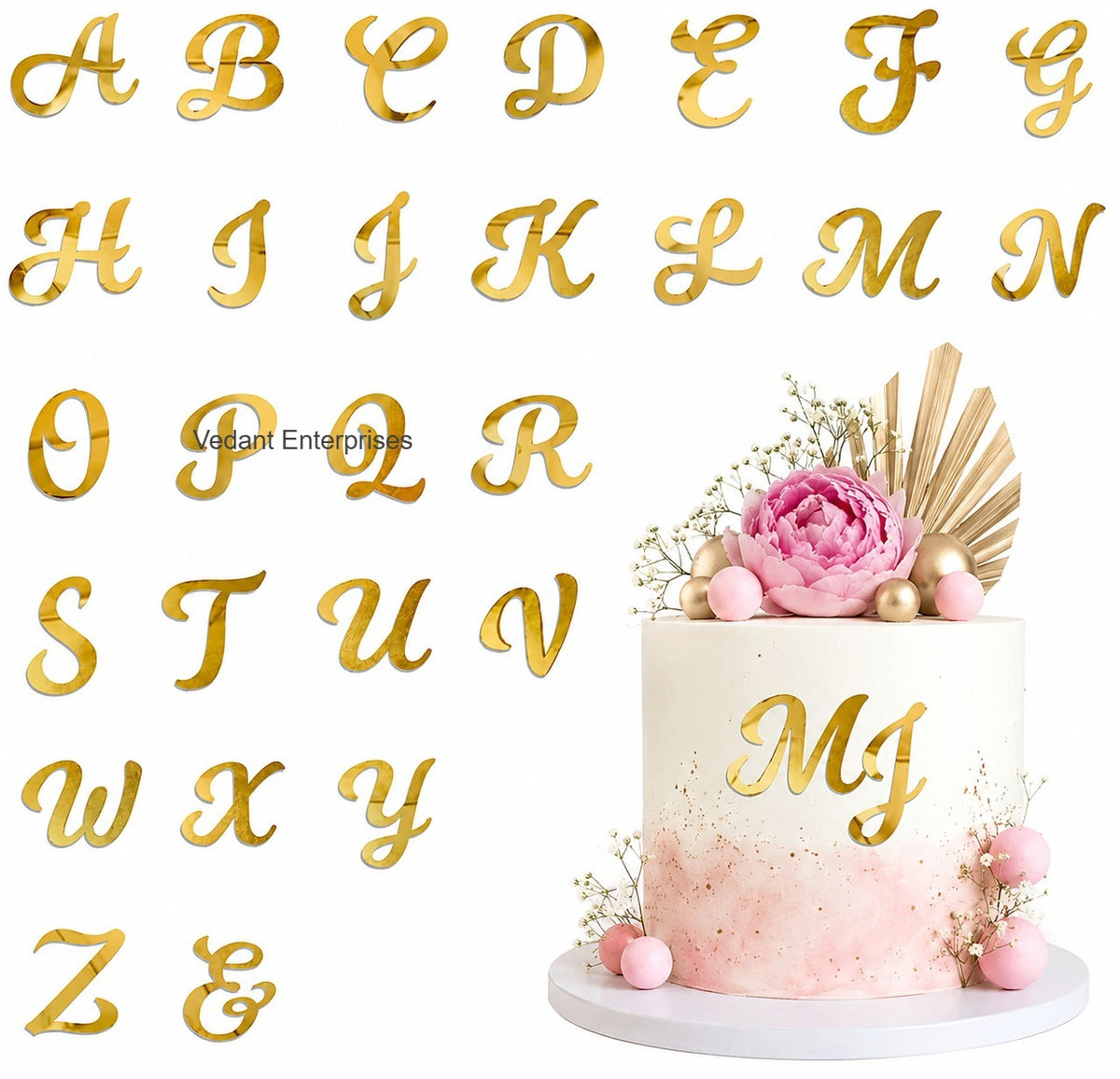 Gold Acrylic Alphabet Cake Toppers – 27 Pcs Pack (A-Z & &)