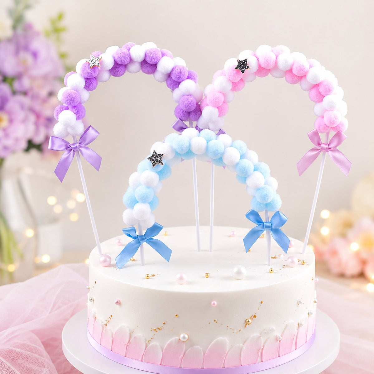 ✨ Premium Pom Pom Cake Topper – Purple, Pink & Sky Blue | 3 Pc Set ✨