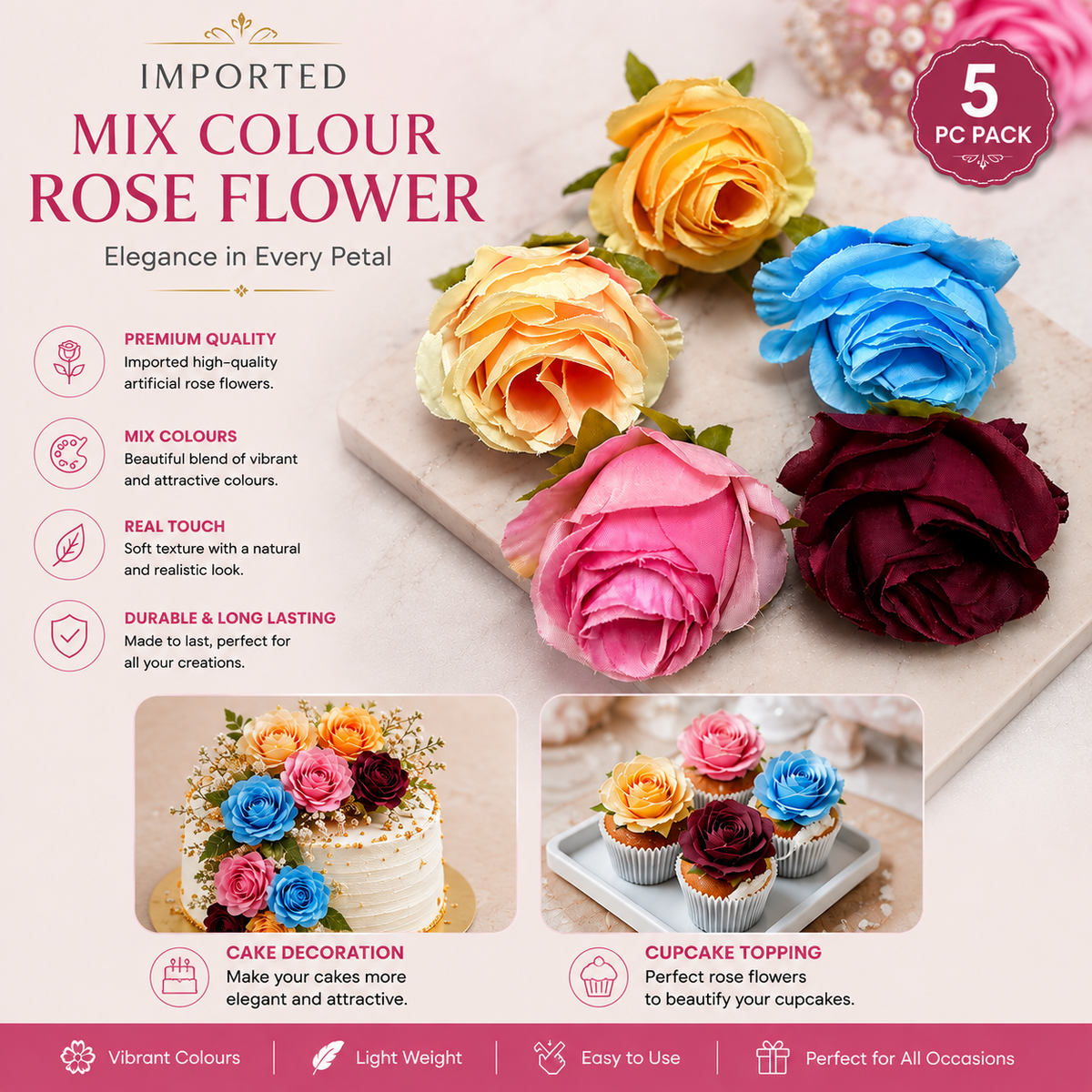 Imported Mix Colour Rose Flower – 5 PC Pack
