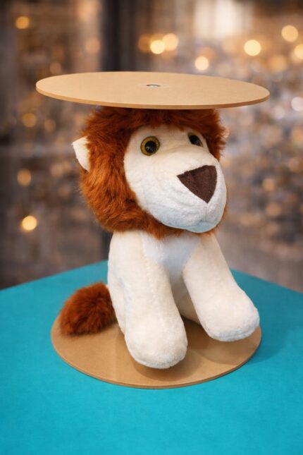 Vedant Enterprises jungle lion cake stand with MDF plates and floating teddy bear cake riser for safari birthday parties.