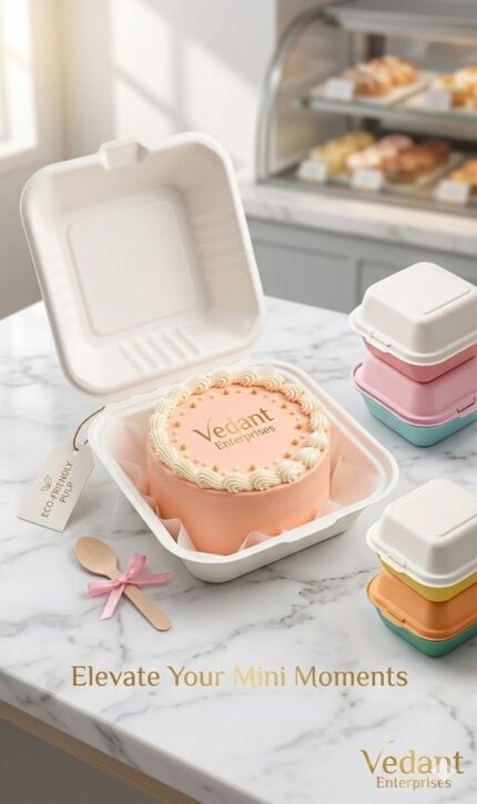 Vedant Enterprises white bento cake box with a decorated mini cake, showing bulk pricing of 25pc for 225rs and 100pc for 700rs.