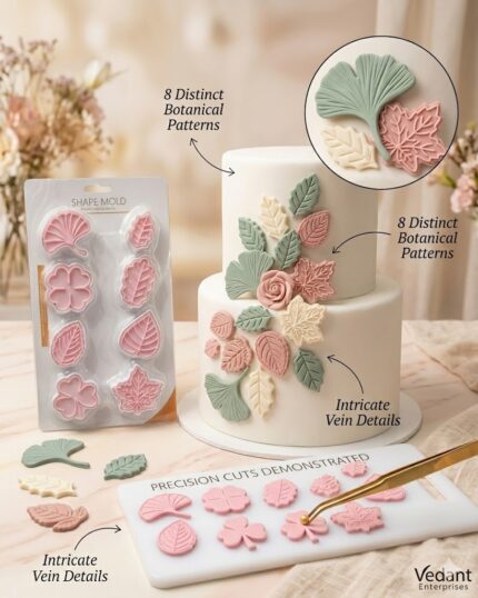 Vedant Enterprises botanical leaf fondant plunger set featuring 8 distinct leaf patterns with intricate vein details for cake decorating.