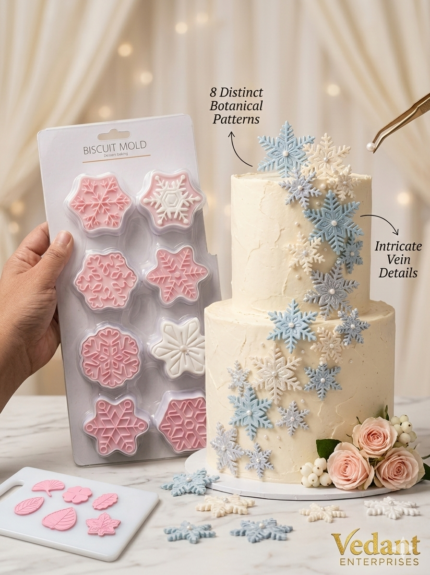 Vedant Enterprises snowflake fondant plunger cutter set with 8 unique patterns and precision winter cake decorations.